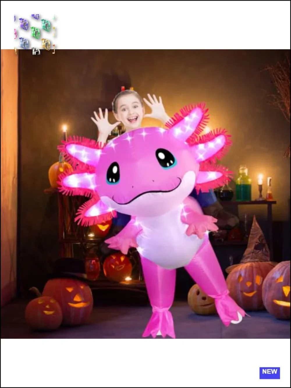 Inflatable Axolotl Costume for Kids with LED Lights, Ride-On Blow Up Halloween